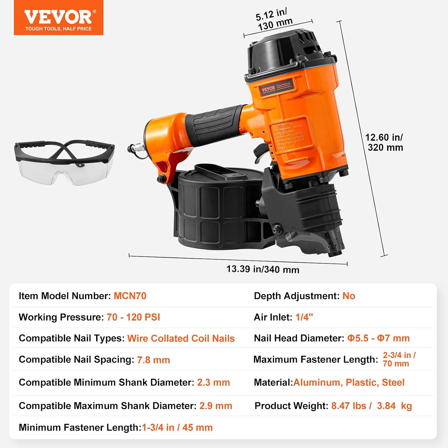VEVOR Coil Siding Nailer MCN70, 1-3/4' to 2-3/4' 15 Degree Pneumatic Siding Nail Gun, 70-120PSI Air Coil Nailer for Pallet, Crating, Framing, Siding and Fencing
