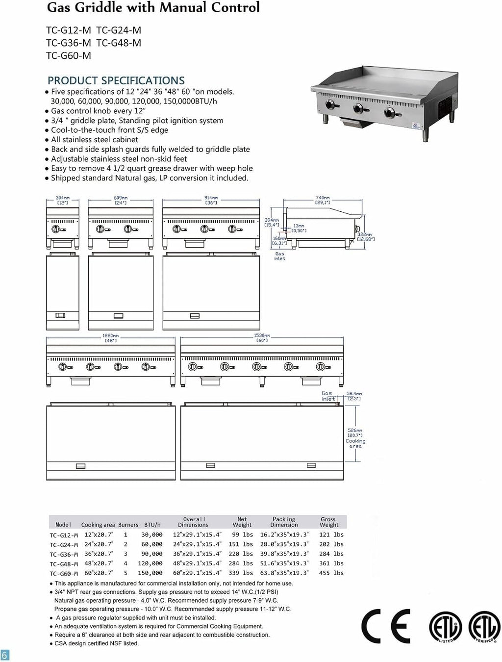 Commercial 12' gas heavy duty griddle ETL