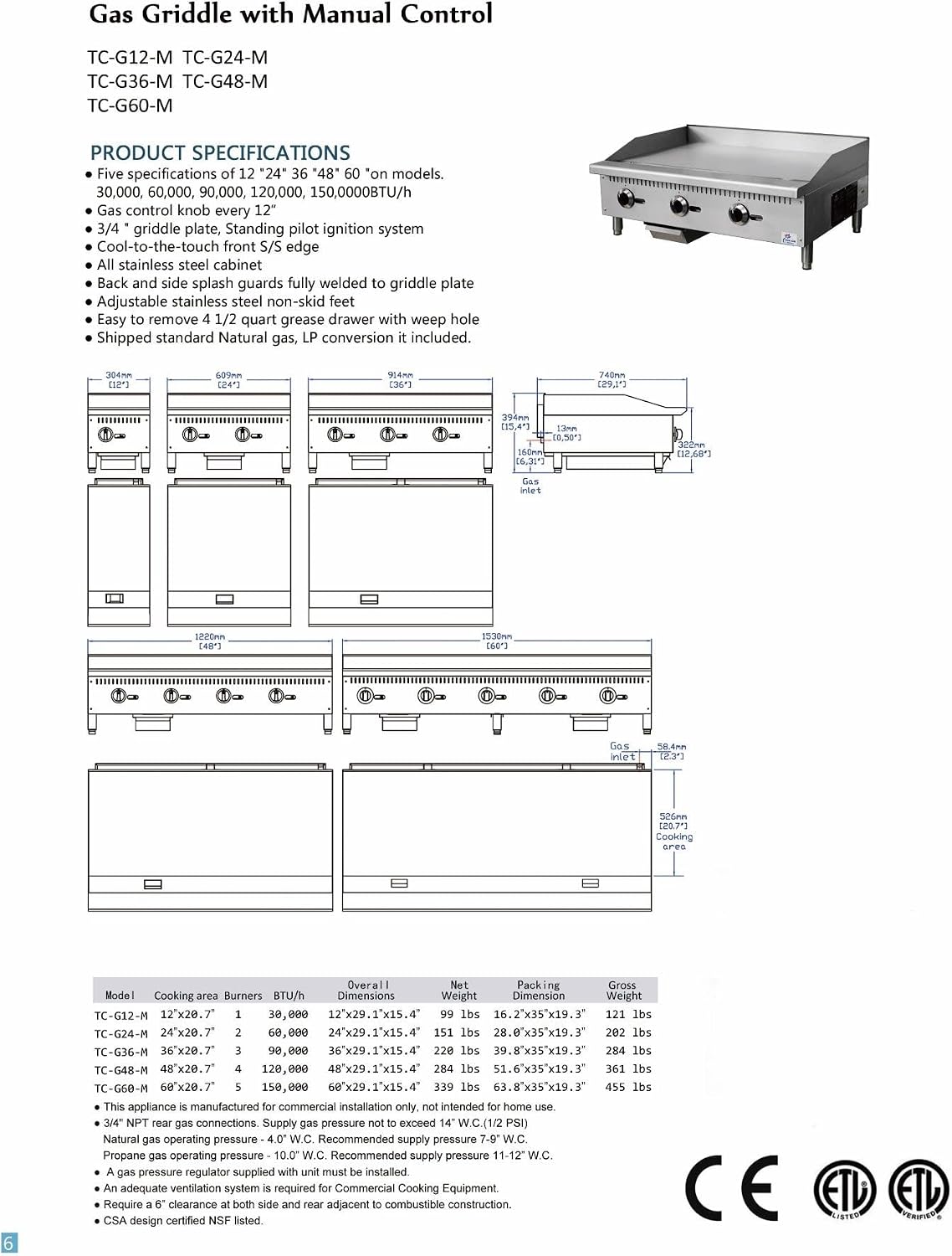 Commercial 12' gas heavy duty griddle ETL