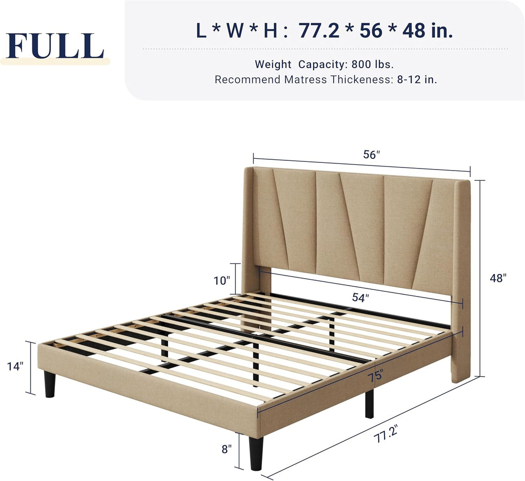 Allewie Full Size Platform Bed Frame with Geometric Wingback Headboard, Boho Upholstered Bed with Wooden Slats Support, No Box Spring Needed, Easy Assembly, Beige