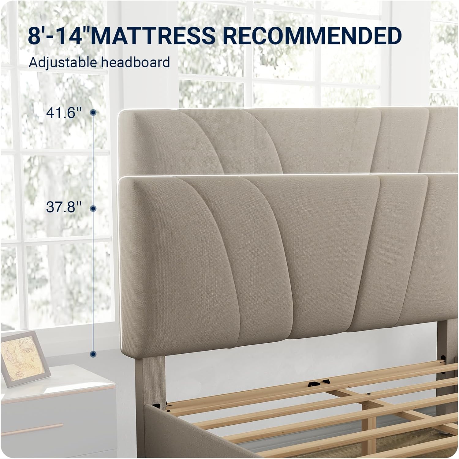 Avenco Queen Bed Frame, Upholstered Platform Queen Size Bed Frame with Adjustable Headboard, Easy Assembly, No Box Spring Needed, Beige
