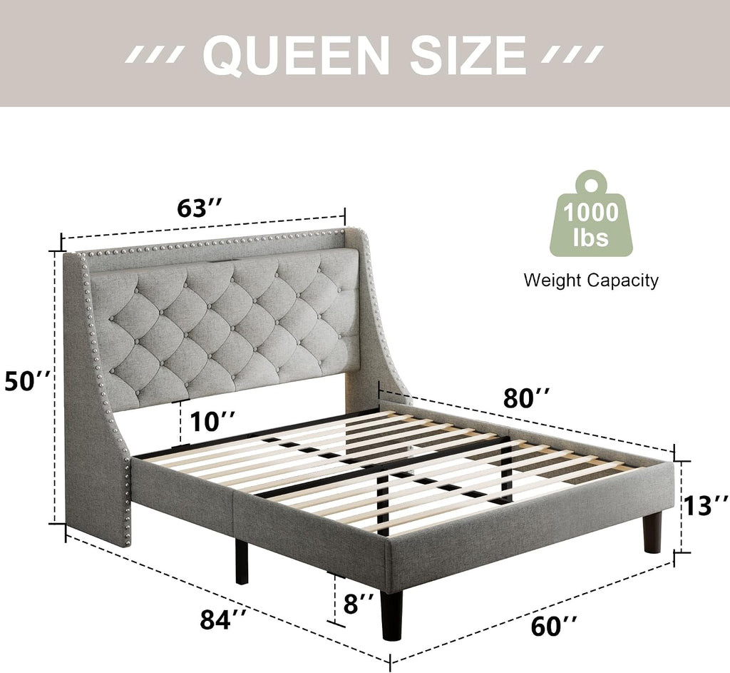 Feonase Queen Bed Frame with Luxury Wingback Upholstered Button Tufted Storage Headboard, Queen Platform Bed with Charging Station, Sturdy Wooden Slats Support, Noise-Free, Easy Assembly, Light Gray
