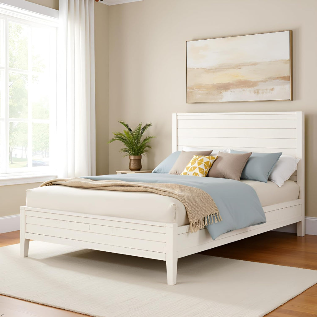 Arden Queen Size Panel Bed Frame – Solid Brazilian Pine Wood with High 50' Headboard, Low 18' Footboard, 8' Underbed Clearance – Rustic Boho Bedroom Style by Alaterre Furniture (Light Driftwood White)