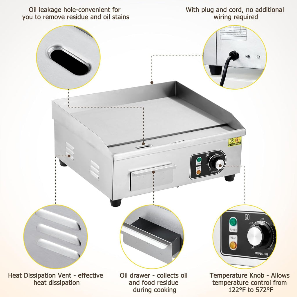 22' 1500W Electric Griddle – Stainless Steel Half-Flat Top Countertop Grill, 122°F-572°F Adjustable Temp, 2 Shovels & 2 Brushes with Plug for Home & Restaurant