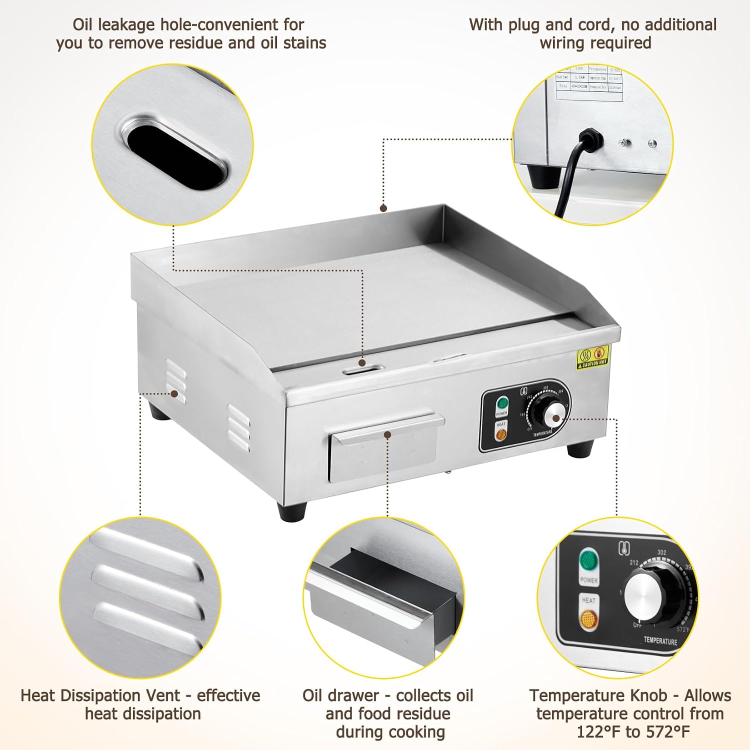 22' 1500W Electric Griddle – Stainless Steel Half-Flat Top Countertop Grill, 122°F-572°F Adjustable Temp, 2 Shovels & 2 Brushes with Plug for Home & Restaurant