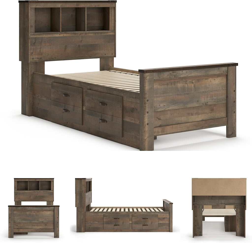 Signature Design by Ashley Trinell Casual Twin Bookcase Platform Bed with 2 Storage Drawers and Nailheads, Foundation or Box Spring Not Needed, Dark Brown