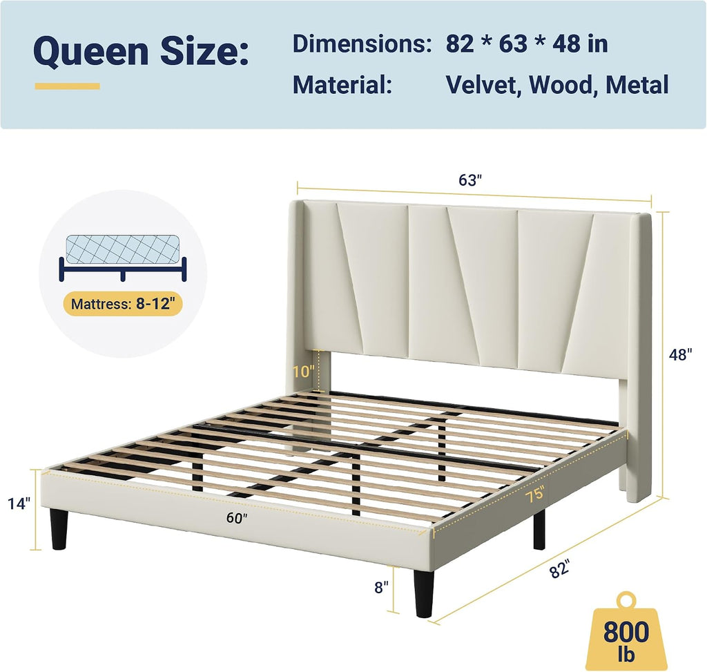 Allewie Queen Size Platform Velvet Bed Frame with Geometric Wingback Headboard, Boho Upholstered Bed with Wooden Slats Support, No Box Spring Needed, Easy Assembly, Cream