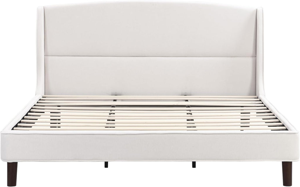 Christopher Knight Home Cordo King Size Bed Set, Upholstered Platform Bed with Wingback Headboard, Solid Wooden Slats Panel Support, No Box Spring Needed, Easy Assembly, 44.50' H Beige