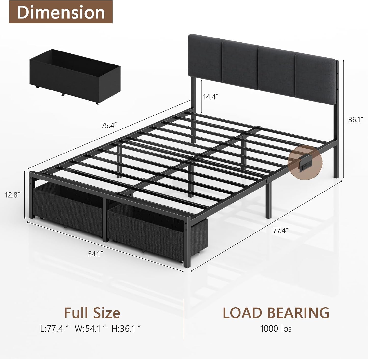 Furnulem Full Size Bed Frame with Headboard, Upholstered Full Bed Frame with LED Light, USB Charging Station, Platform Bedframe with 2 Fabric Underbed Storage Drawers, No Spring Box Needed