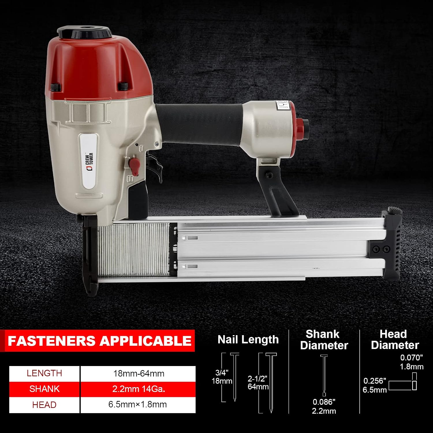 Concrete Nailer, 14 Gauge 3/4 Inch to 2-1/2 Inch Concrete T Nailer, Pneumatic Concrete Nail Gun for Furring Strips Lath to Masonry Plywood to Concrete Subflooring and Cement, Air Powered