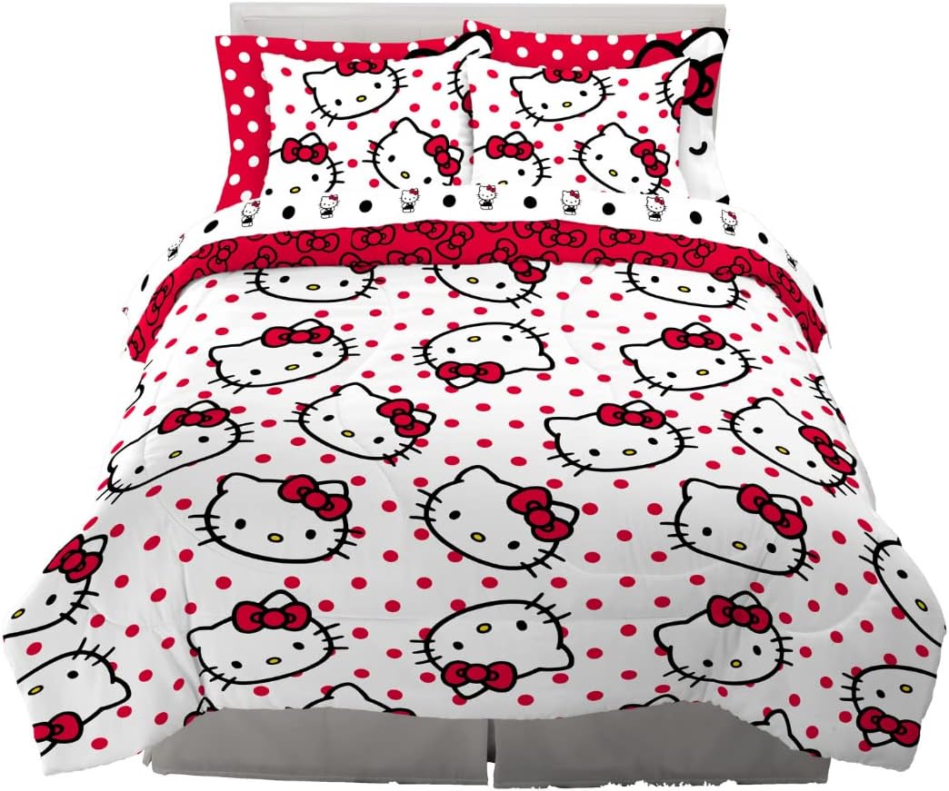 Hello Kitty Polka Dot Bedding 7 Piece Super Soft Comforter and Sheet Set with Sham, Queen, (Official Licensed Product) by Franco Collectibles