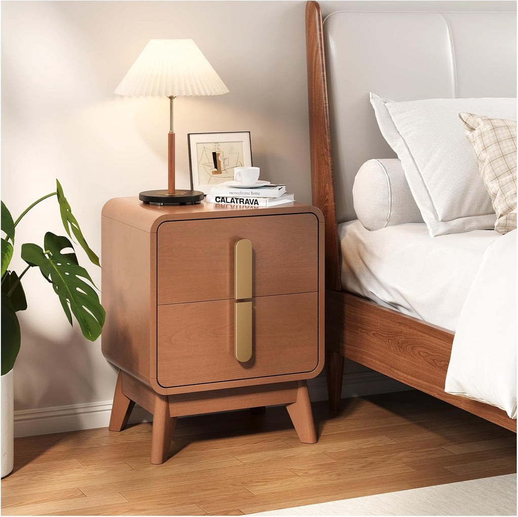 Mid Century Modern Nightstand Set of 2, Wood Bedside Table with 2 Drawers and Metal Handles, Curved Design, Night Stand Set 2 for Bedroom, Cherry