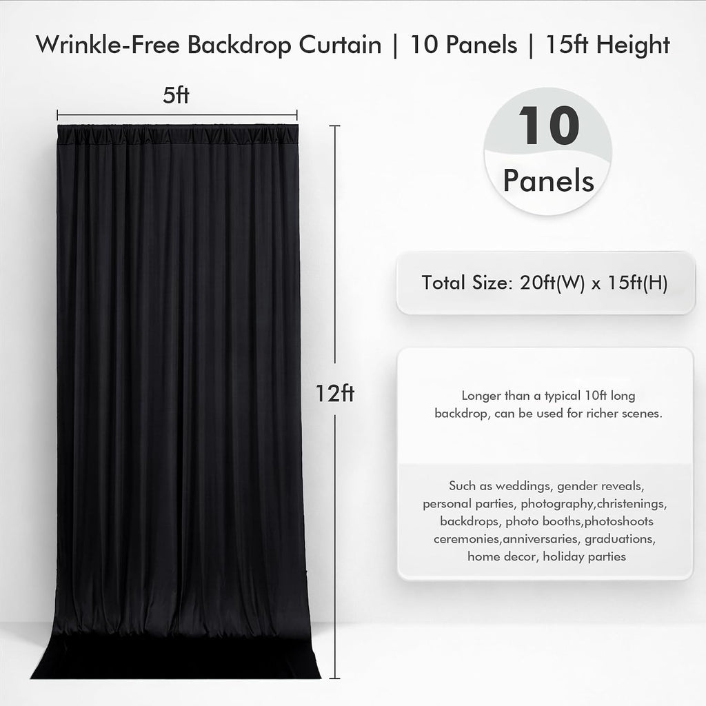 50ftx15ft Wrinkle Free Black Backdrop Curtain, 10 Panels 15FT Height Black Drapes for Wedding, Silky Polyester Polyester Back Drop Cloth Draping for Birthday Party Photography Background Party