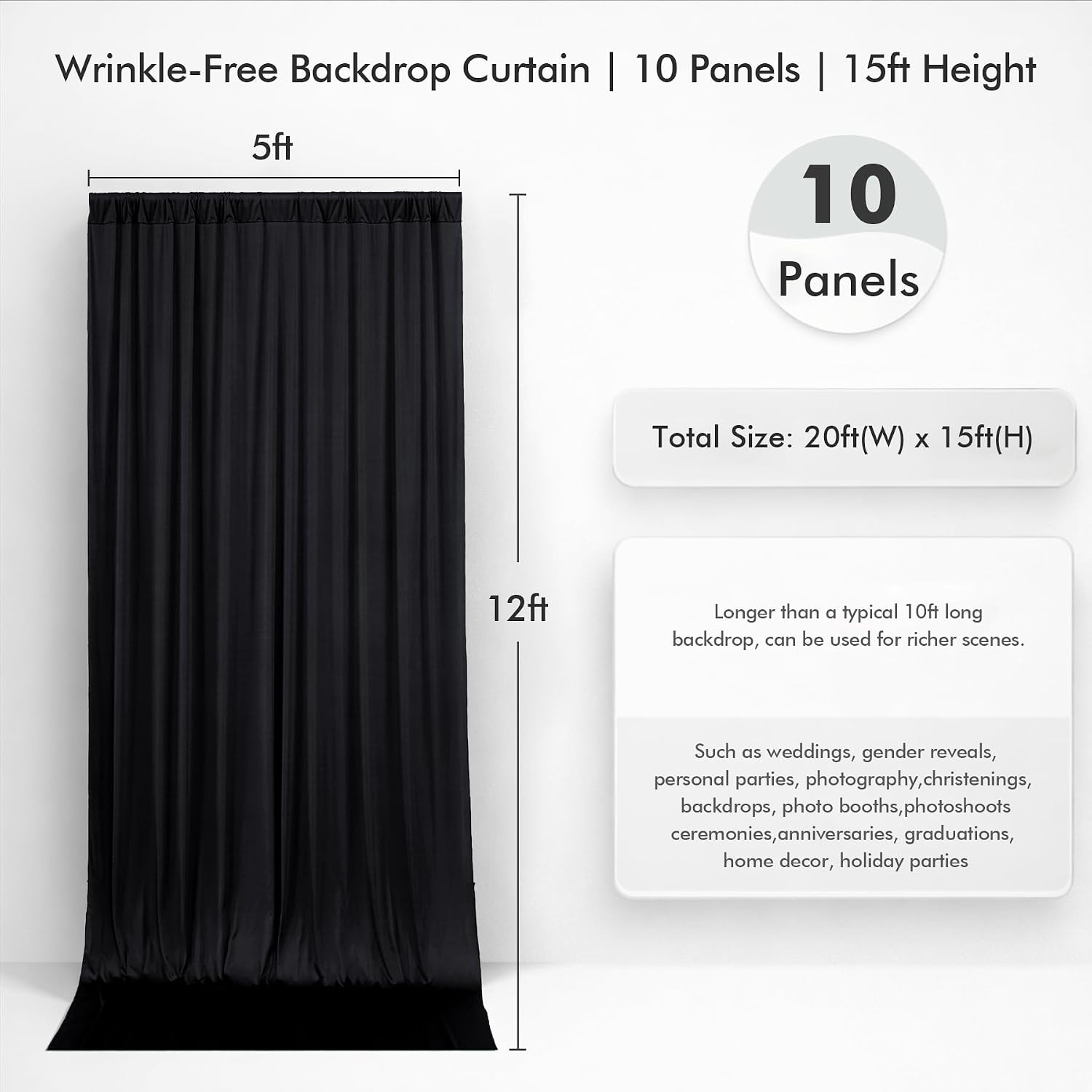 50ftx15ft Wrinkle Free Black Backdrop Curtain, 10 Panels 15FT Height Black Drapes for Wedding, Silky Polyester Polyester Back Drop Cloth Draping for Birthday Party Photography Background Party