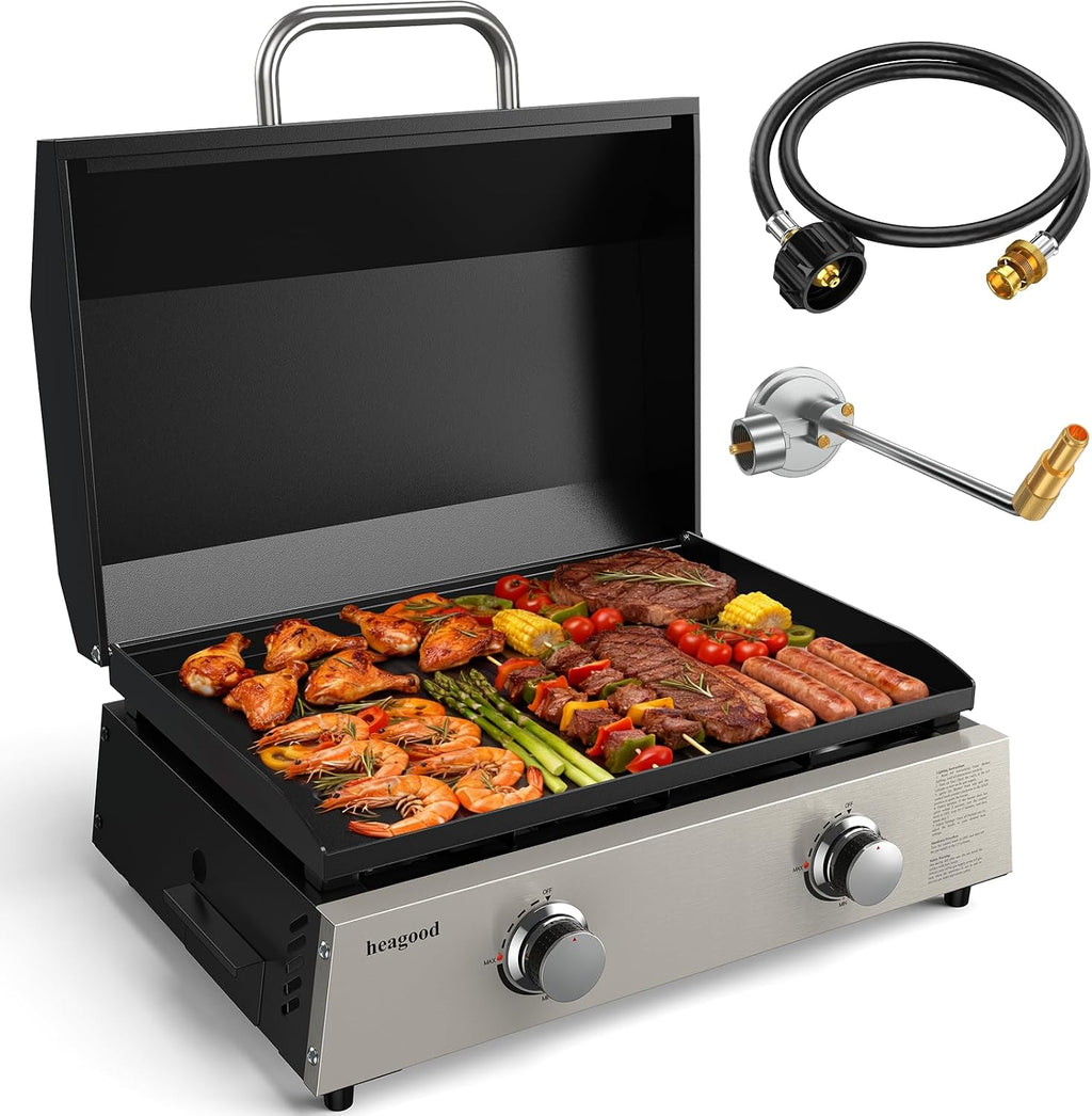 Flat Top Gill, Outdoor Griddle 22' Tabletop Gas Griddle with Hood for Outdoor Camping Tailgating (24000 BTU, 2 Burner, Carbon Steel Plate)