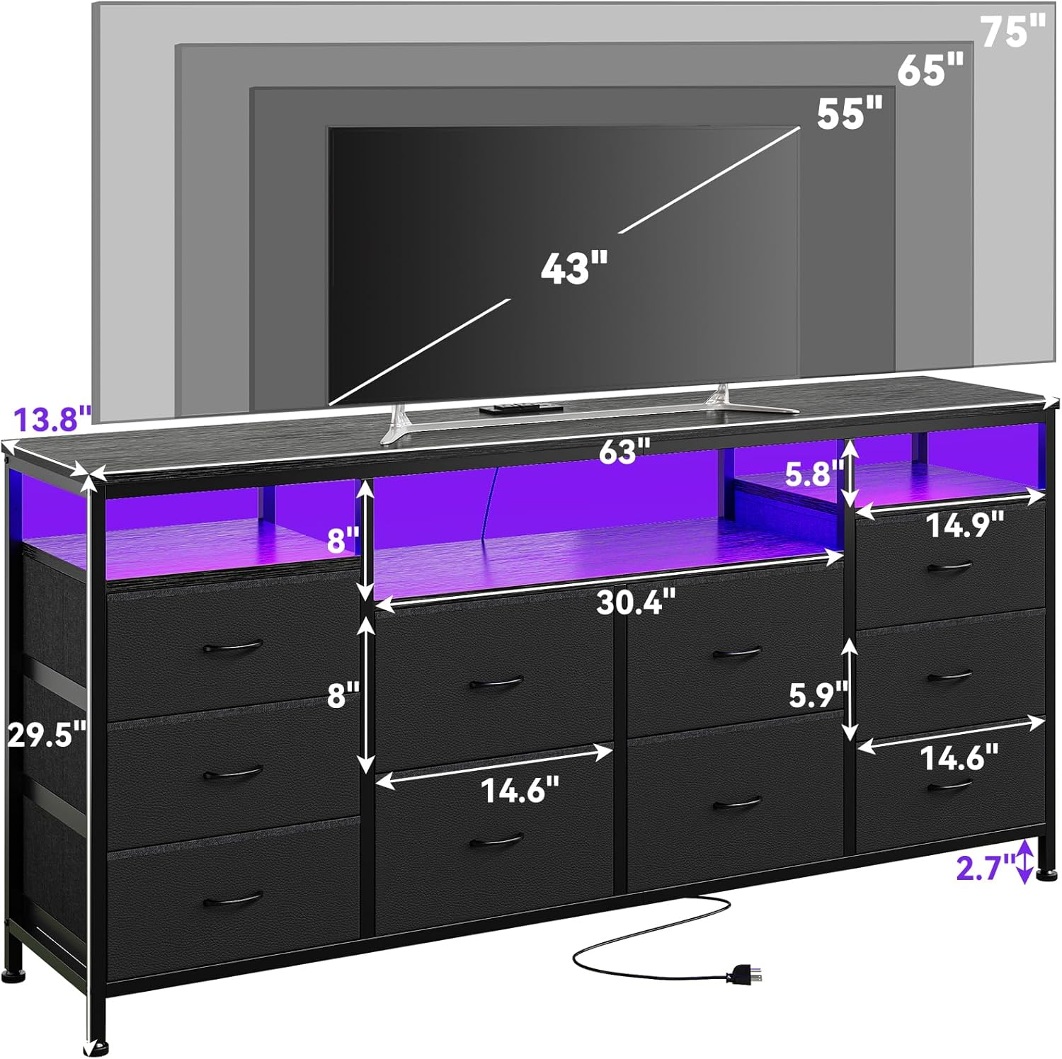 63.3 in Black Dresser for Bedroom, 10 Drawer Dresser TV Stand for 65 70 75 in TV, Fabric Chest of Drawers with LED Lights & Power Outlets, Long Entertainment Center for Closet, Living Room, Entryw