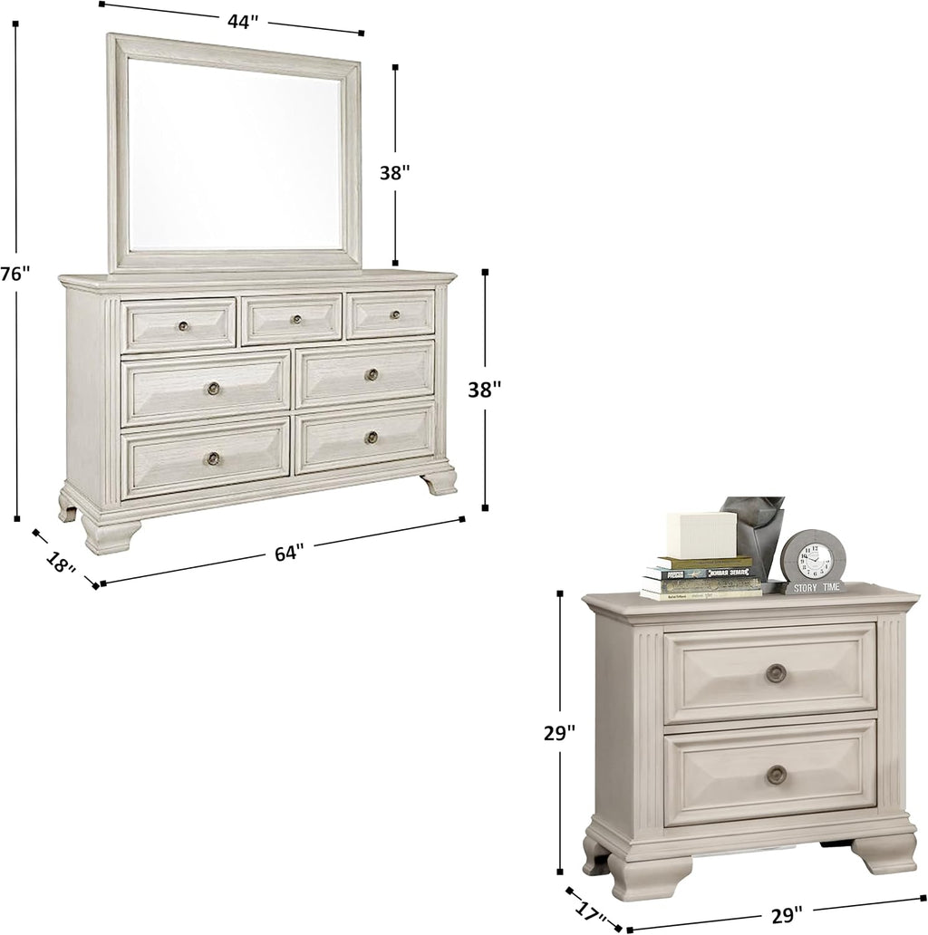 Roundhill Furniture Renova Distressed Parchment Wood Bedroom Set, Panel Bed, Dresser, Mirror, Nightstand, King