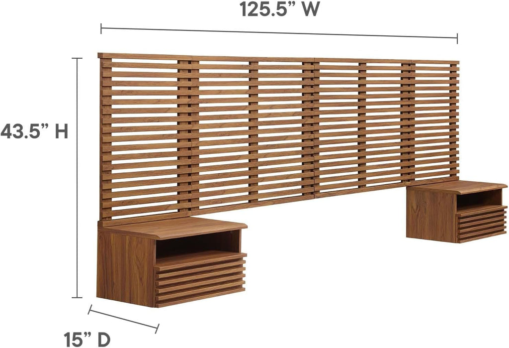 Modway Render Wall-Mount King Headboard and Modern Nightstands Bedroom Set in Walnut