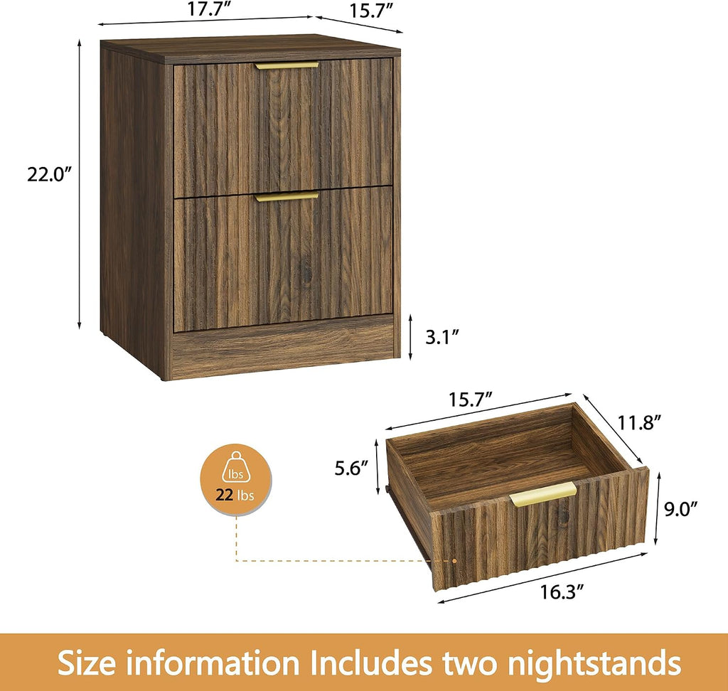 3-Piece Modern Bedroom Furniture Set, Wide 6-Drawer Dresser & 2-Drawer Nightstands Set of 2, Natural Wood Dresser and Nightstand Sets for Bedroom, Hallway, Walnut