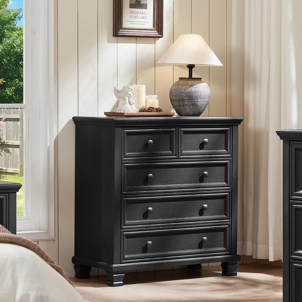 SAVOR LIFE Farmhouse Bedroom Dresser and Nightstand Set of 4, 6 Drawer Tall & 5 Drawers Dresser & 2 Drawer Nightstand Set, Rustic Wood Furniture Set for Bedroom, Hallway, Black