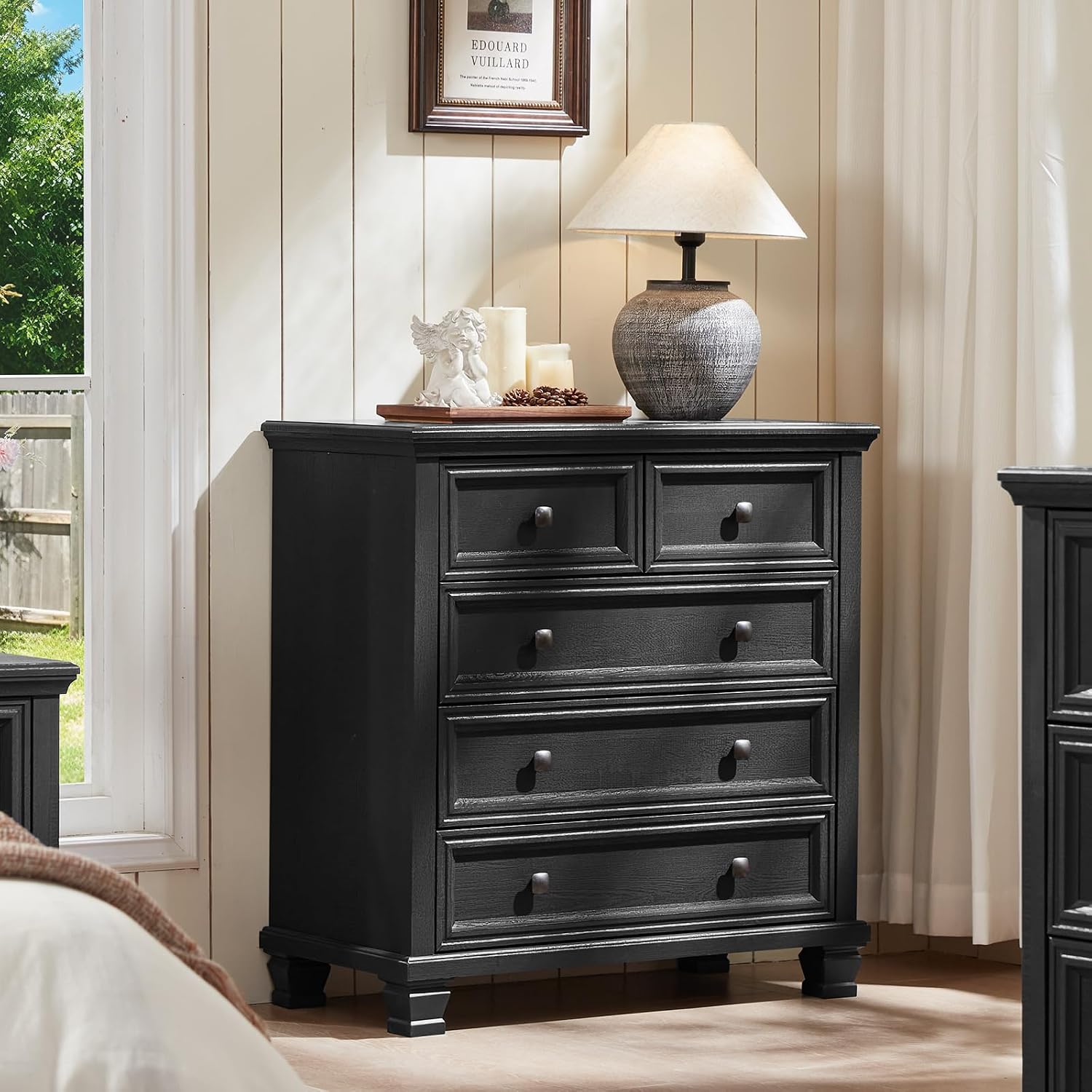 SAVOR LIFE Farmhouse Bedroom Dresser and Nightstand Set of 4, 6 Drawer Tall & 5 Drawers Dresser & 2 Drawer Nightstand Set, Rustic Wood Furniture Set for Bedroom, Hallway, Black