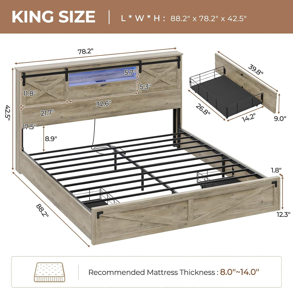 Hasuit Farmhouse Bed Frame King Size with Storage Bookcase Headboard, Wooden King Bed with LED Lights, Charging Station, 2 Drawers, Country Rustic Bed Frame with Sliding Barn Door