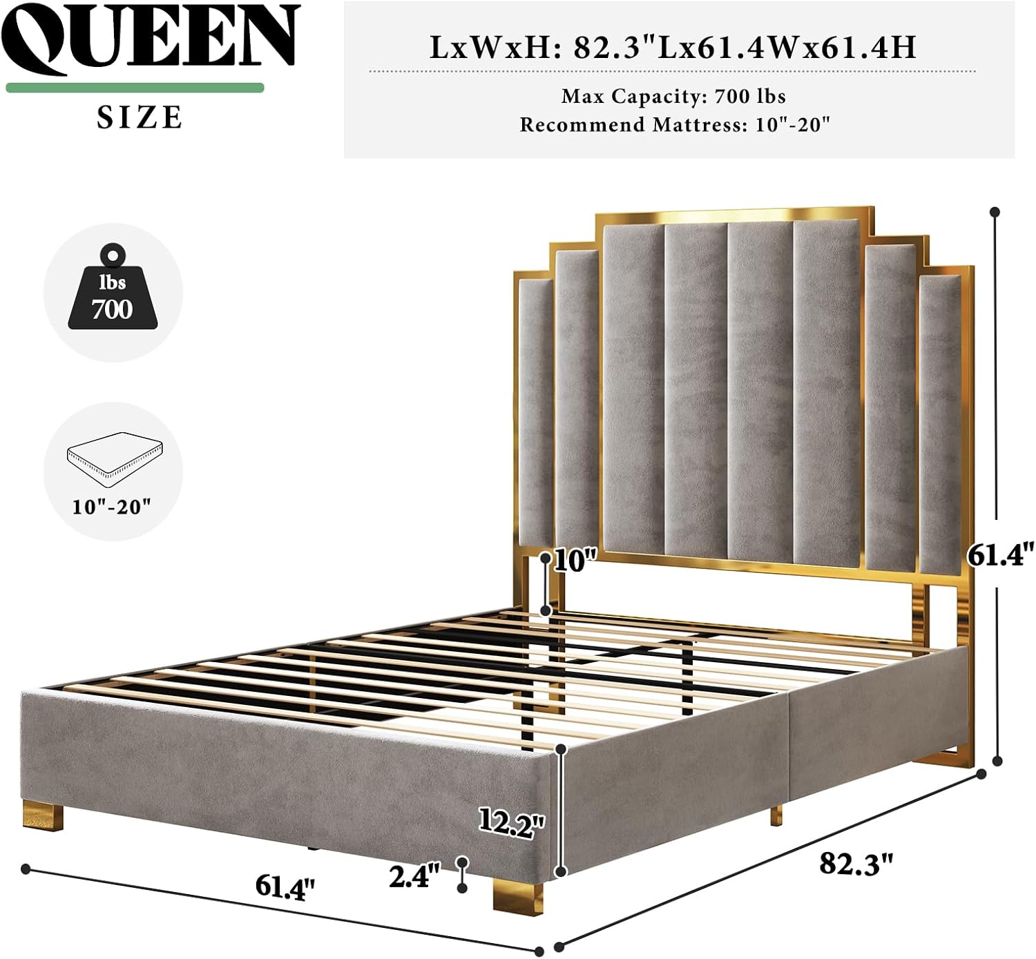 AMERLIFE Queen Size Upholstered Bed, Modern Velvet Bed Frame with 61.4' Tall Gold Trim Headboard, No Box Spring Needed, Grey