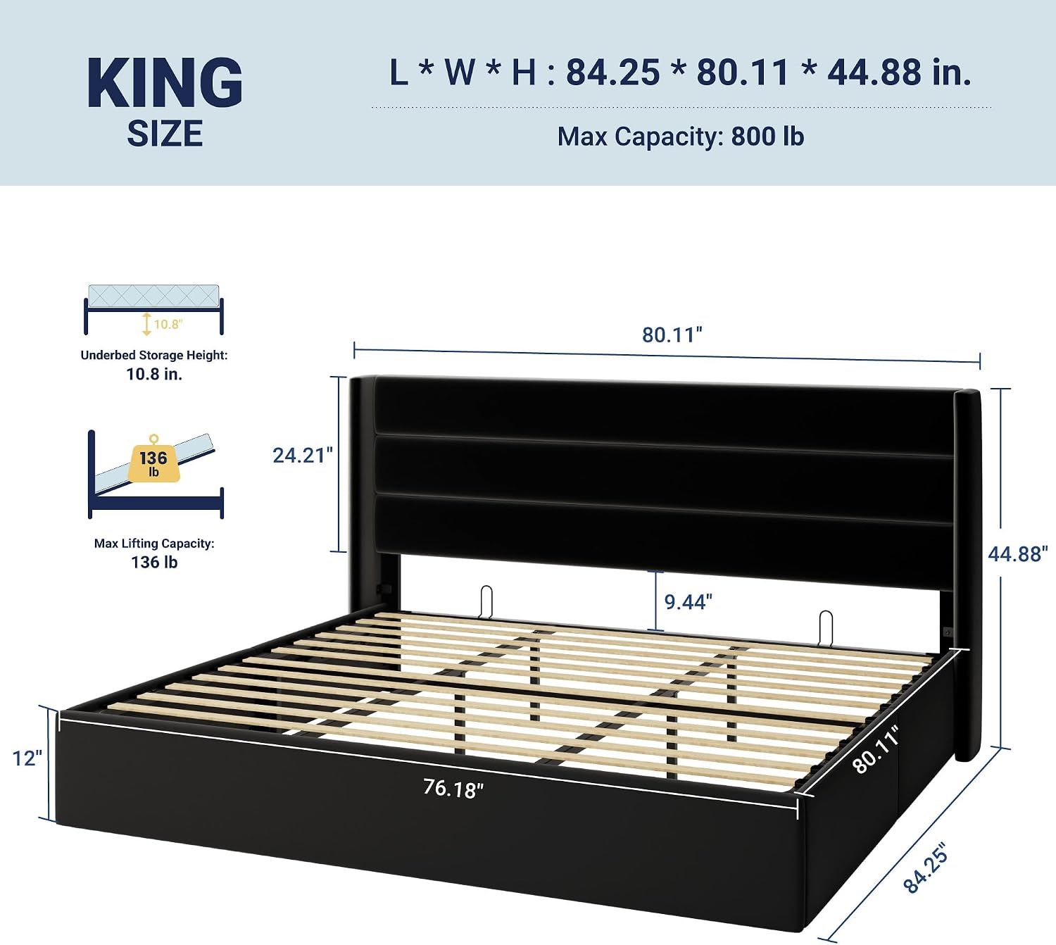 Allewie King Size Velvet Lift Up Storage Bed, Modern Wingback Headboard, Hydraulic Support, No Box Spring Needed, Black