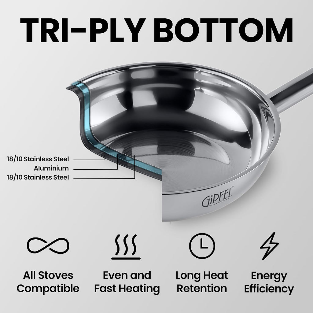 GIPFEL INTERNATIONAL 3 Piece Stainless Steel Frying Pan Set 8, 10, 12 Inch - Tri Ply Stainless Steel Skillet Healthy Cookware - Fry Pans for Induction Gas Electric Ceramic Stove & Oven Safe