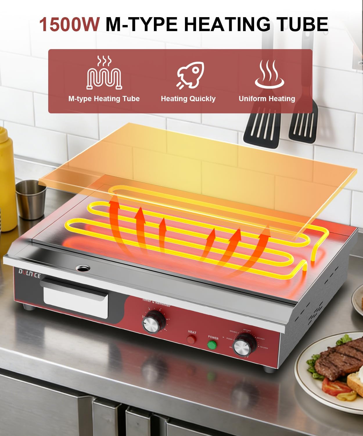 22' Commercial Electric Griddle 1500W, Flat Top Grill with 5-Min Reminder Timer, Adjustable Temp Control (122°F-572°F), Stainless Steel Countertop Griddle for Restaurant & Home Kitchen
