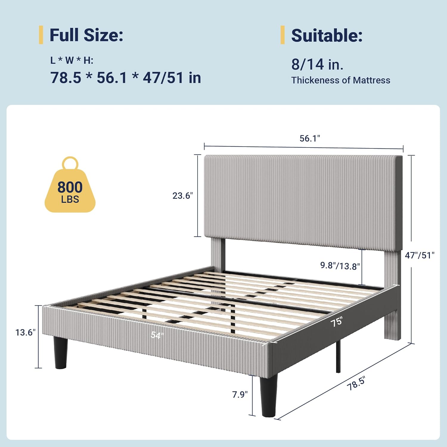 Allewie Full Size Upholstered Bed Frame with Vertical Channel Tufted Headboard, Soft Corduroy Fabric Platform Bed, Strong Wooden Slats Support, Easy Assembly, No Box Spring Needed, Light Grey