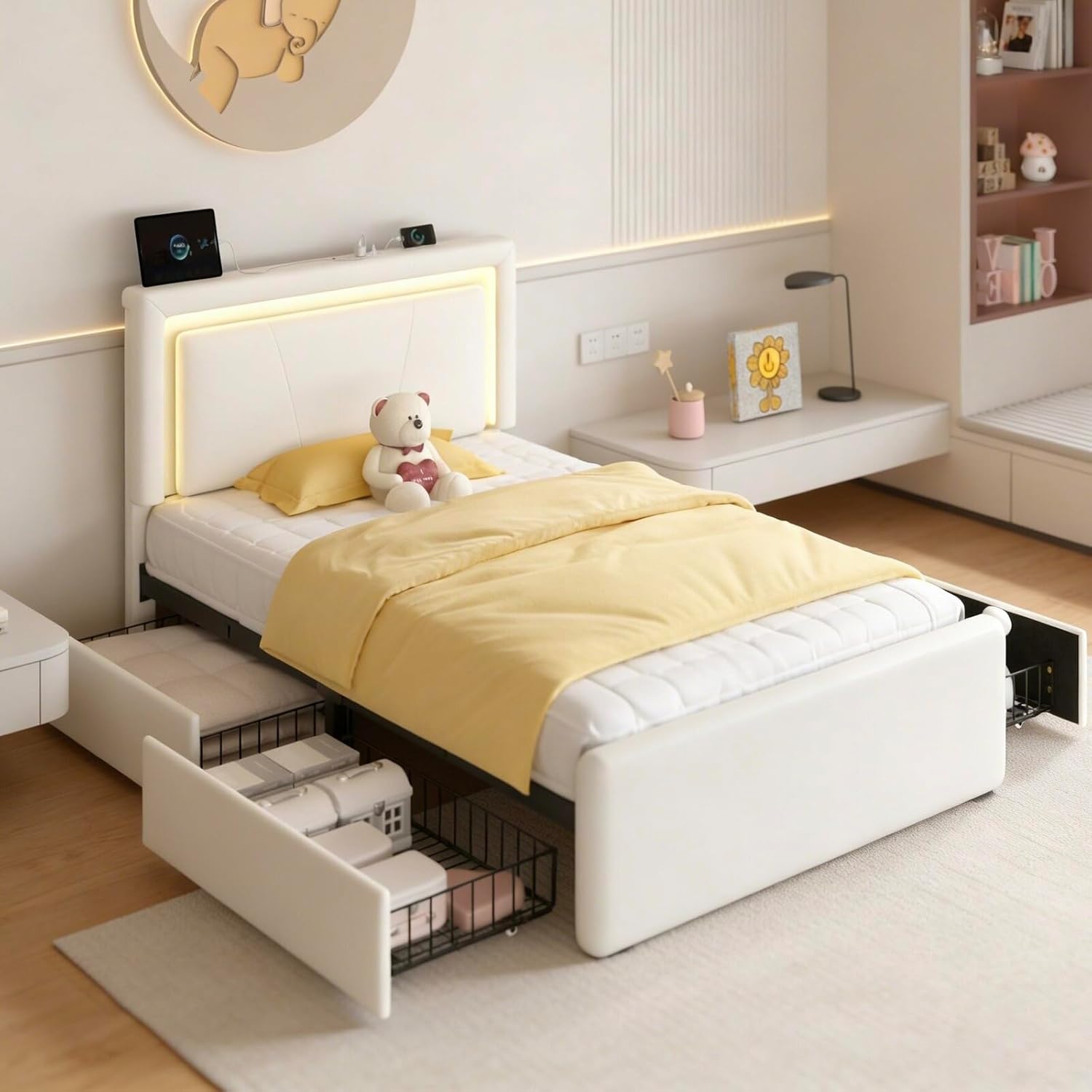Twin Size Bed Frame with 4 Storage Drawers and LED Lights, Upholstered Platform Bed with Adjustable Headboard and Charging Station, Metal Slats Support, No Box Spring Needed,Easy Assembly, White