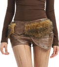 Faux Leather Mini Shorts for Women with Faux Fur Trim Beaded Belt Y2K Party Club Low Waisted Micro Shorts