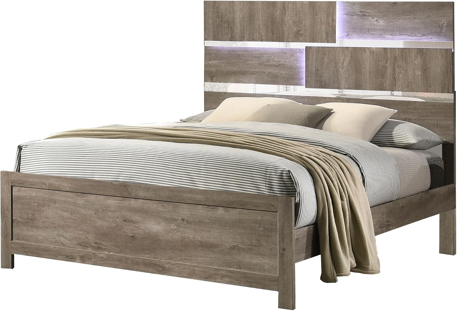 Kings Brand Furniture Dawson Modern 5-Piece Farmhouse Style Bedroom Set in Light Brown Finish - Bed Frame with LED Headboard, Dresser, Mirror, Chest and Nightstand (King Size)
