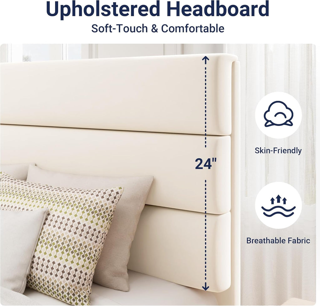 Allewie Queen Size Platform Bed Frame with Velvet Upholstered Headboard and Wooden Slats Support, Fully Upholstered Mattress Foundation/No Box Spring Needed/Easy Assembly, Cream