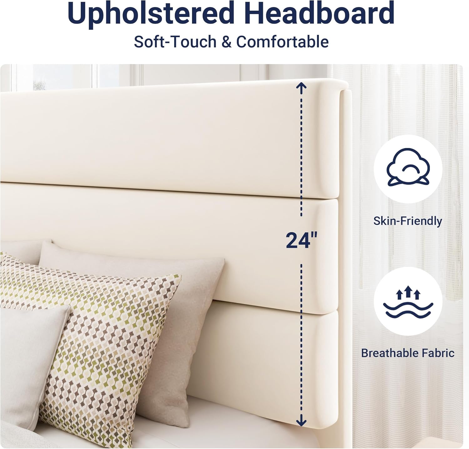 Allewie Queen Size Platform Bed Frame with Velvet Upholstered Headboard and Wooden Slats Support, Fully Upholstered Mattress Foundation/No Box Spring Needed/Easy Assembly, Cream
