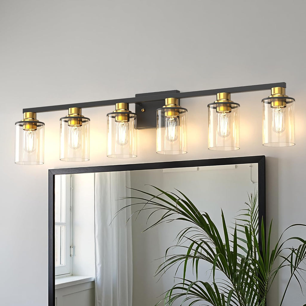 DORESshop Bathroom Light Fixtures, 6-Light Gold and Black Bathroom Lighting Fixtures Over Mirror with Clear Glass Shade, Vanity Lights for Hallway Living Room Bedroom