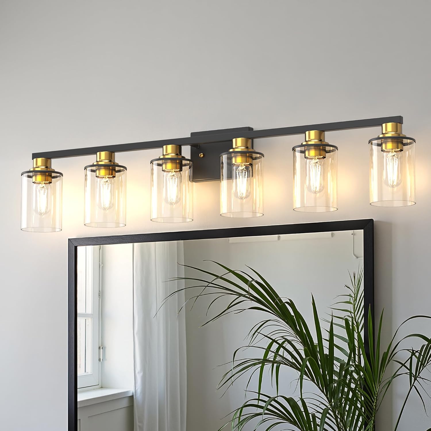 DORESshop Bathroom Light Fixtures, 6-Light Gold and Black Bathroom Lighting Fixtures Over Mirror with Clear Glass Shade, Vanity Lights for Hallway Living Room Bedroom