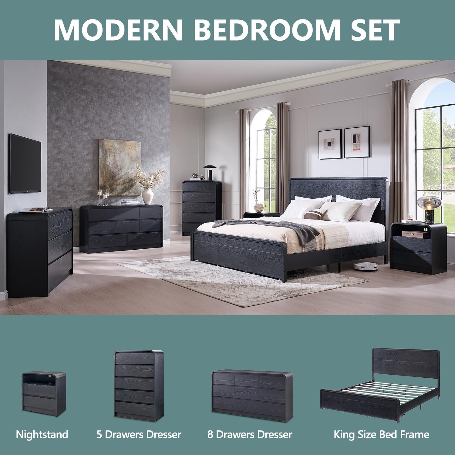 Aitjunz Modern King Size Bed Frame with 50' Tall Headboard, Wood King Size Platform Bed Frame w/3 Storage Drawers, Curved Profile Design, Wood & Steel Platform Bed, No Box Spring Needed, Black