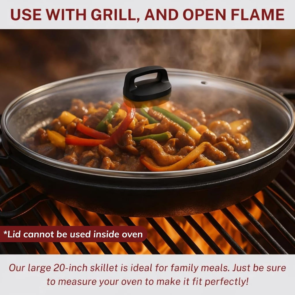 Large Cast Iron Skillet 20 Inch with Lid, Pre Seasoned Cast Iron Skillet for Cooking & Frying – XL Heavy Duty Pan with Dual Handles and – Ideal for Grill, Oven, Stove, Campfire Use