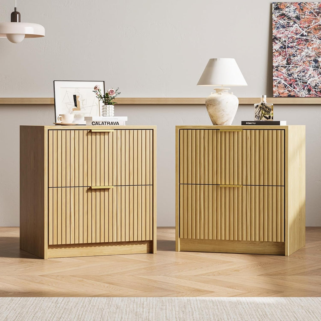 MAISONARIA 3-Piece Dresser Bedroom Set, 5 Drawer Dresser & 2 Drawer Nightstands with Gold Handles, Fluted Wood Chest of Drawers for Bedroom, Living Room, Entryway, Nature