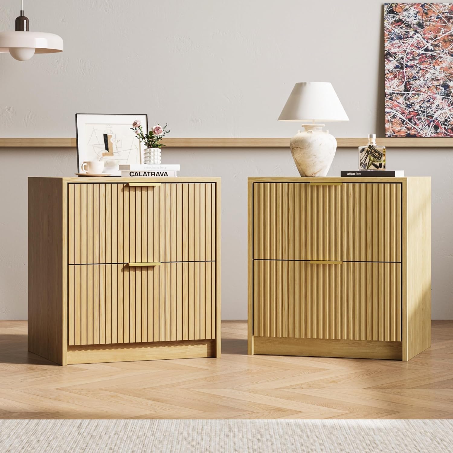 MAISONARIA 3-Piece Dresser Bedroom Set, 5 Drawer Dresser & 2 Drawer Nightstands with Gold Handles, Fluted Wood Chest of Drawers for Bedroom, Living Room, Entryway, Nature