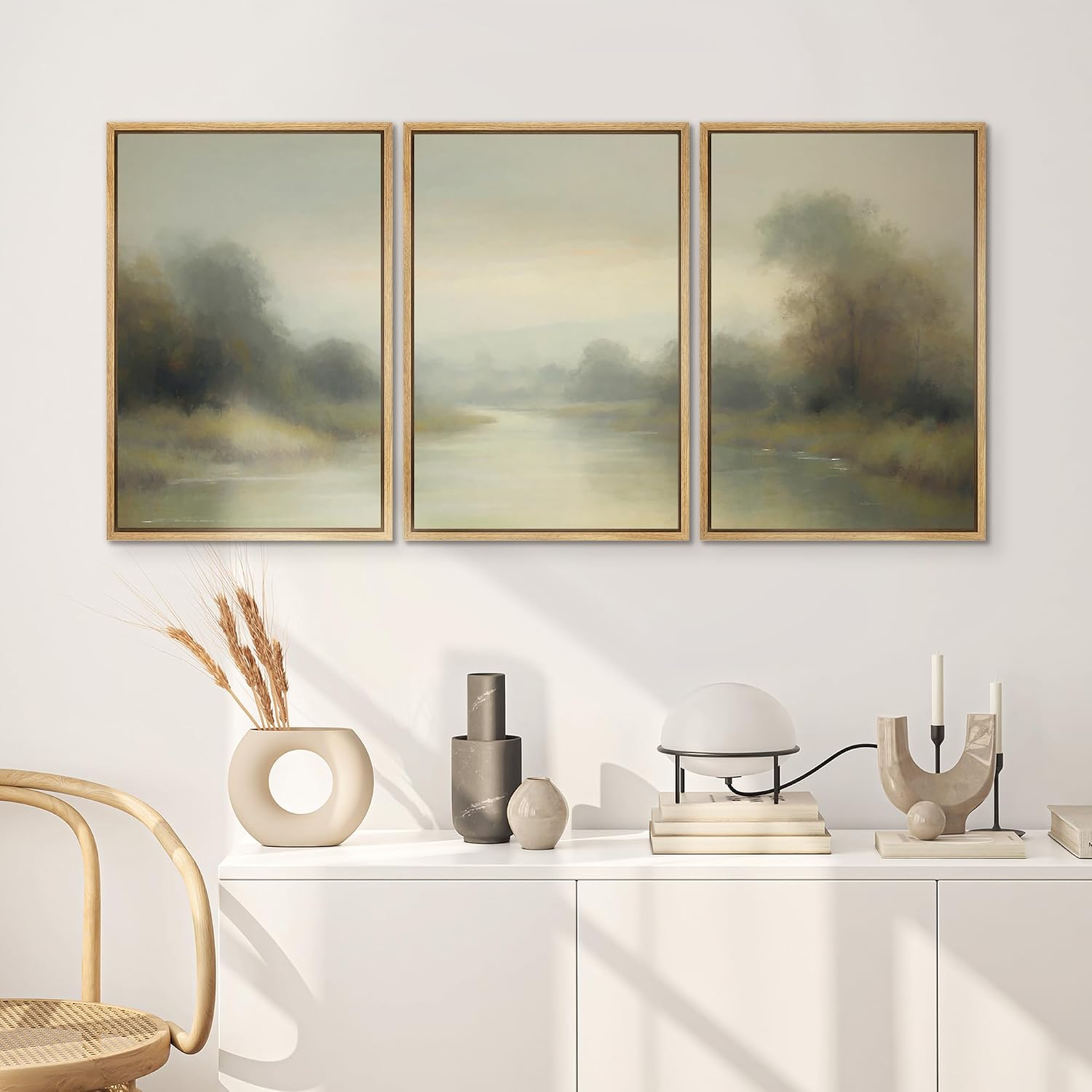 SIGNWIN Framed Wall Art Print Set Misty River Landscape Soft Neutral Nature Scene Photography Modern Art Closeup Relax/Calm Dark for Living Room, Bedroom, Office - 24'x36'x3 Natural