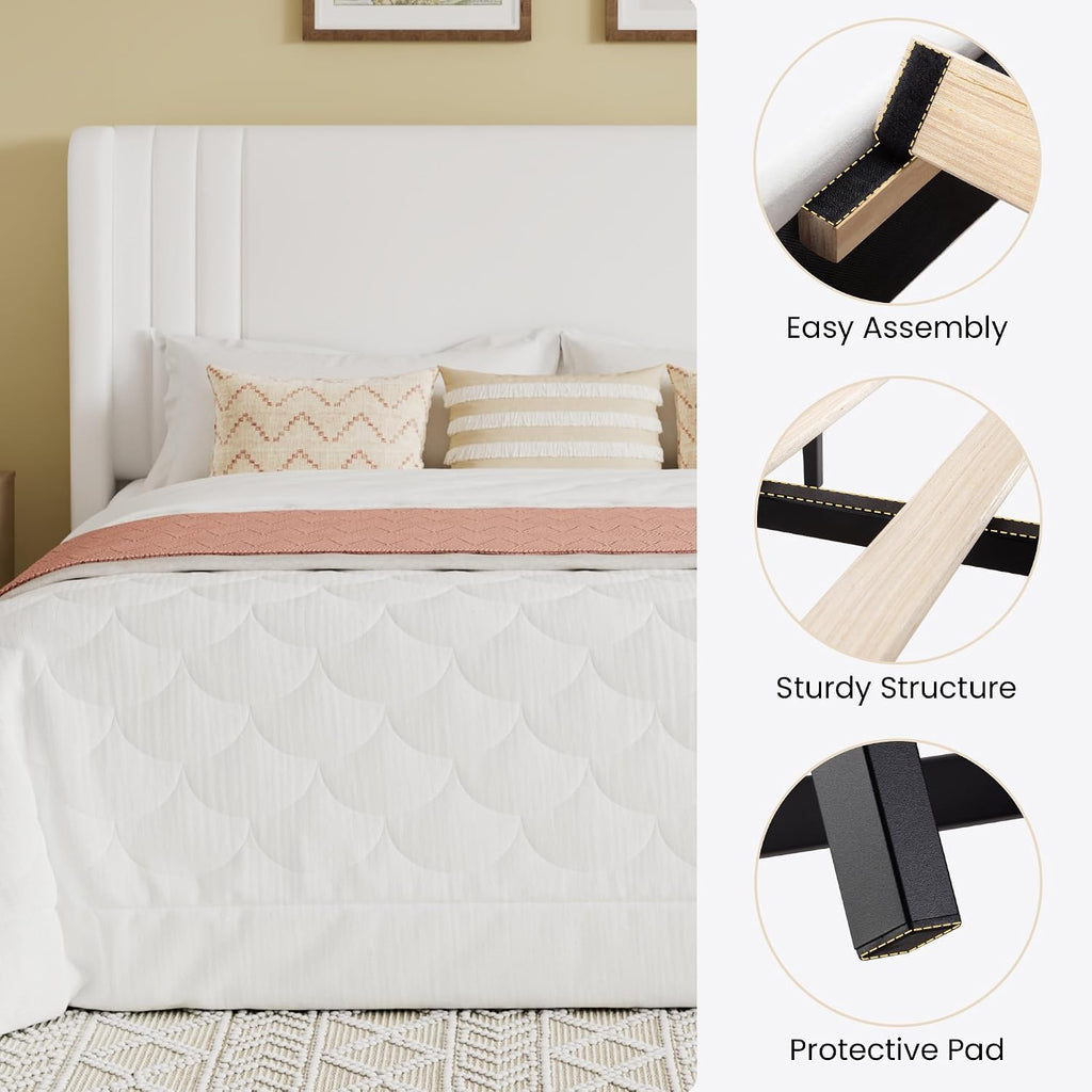 SHA CERLIN King Size Velvet Upholstered Platform Bed Frame with Vertical Channel Tufted Wingback Headboard, Wooden Slats Support, Easy Assembly, Under Bed Storage, No Box Spring Required, White