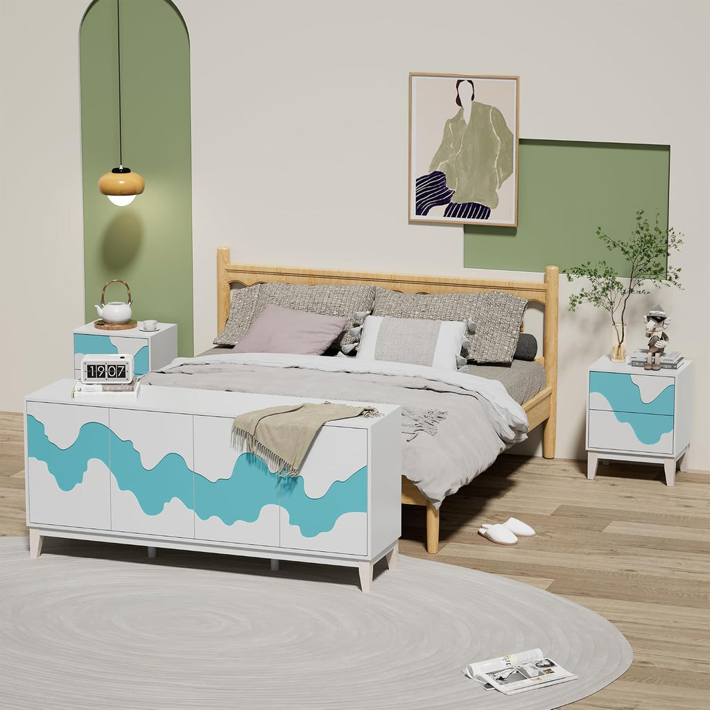 UEV 9-Drawer Dresser & 2 Nightstands Set - 3 Piece Modern Bedroom Furniture Set, 63' Wide Wooden Chest of Drawers with Flowing Water Pattern,2-Drawer Night Stands for Bedroom (White/Blue