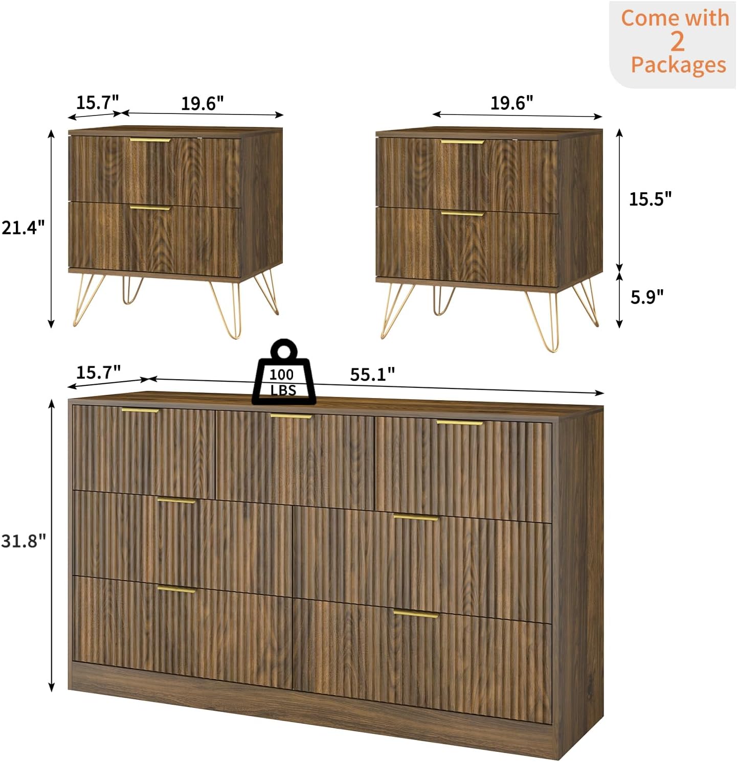 7 Drawer Dresser and Nightstand Sets, 3 Pcs Bedroom Set for Bedroom, Fluted Night Stand Set of 2 & 55' Wide Dresser w/Gold Handles, Mid Century Wood Chest of Drawers Storage Set, Walnut