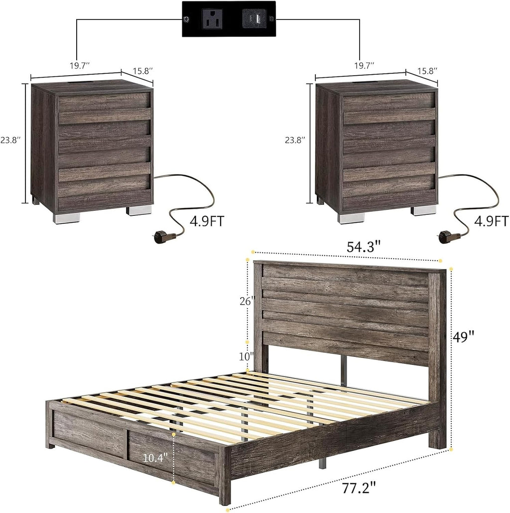 LUXOAK 3 Pcs Bedroom Furniture Sets,Includes Farmhouse Full Size Bed Frame with 49' Tall Headboard and Nightstand Sets of 2 with Charging Station, Slated Handles & Stainless Steel Feet, Rustic Grey