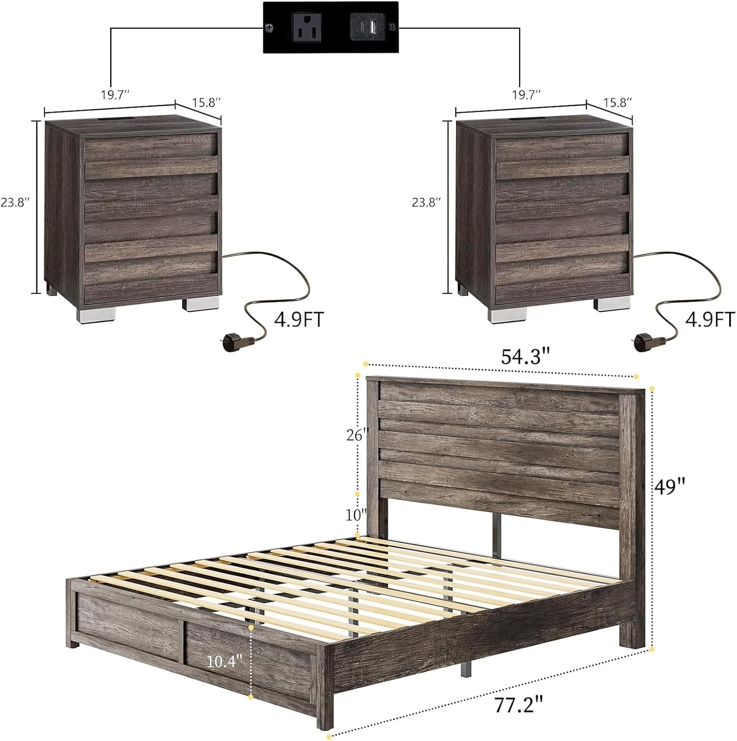 LUXOAK 3 Pcs Bedroom Furniture Sets,Includes Farmhouse Full Size Bed Frame with 49' Tall Headboard and Nightstand Sets of 2 with Charging Station, Slated Handles & Stainless Steel Feet, Rustic Grey