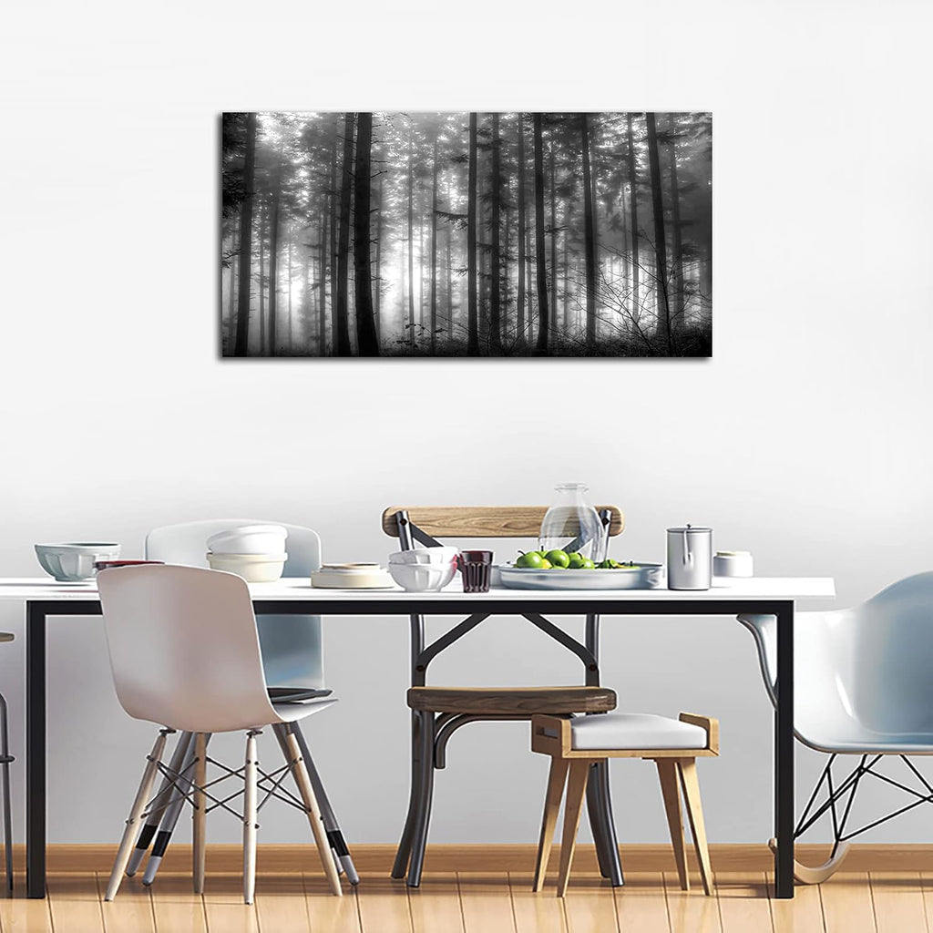 Foggy Forest Wall Art Living Room Wall Decor Black and White Woods Large Canvas Picture Modern Landscape Artwork Big Trees Contemporary Nature Pictures for Living Room Bedroom Home Office Kitchen Wall Decor 29' x 58'