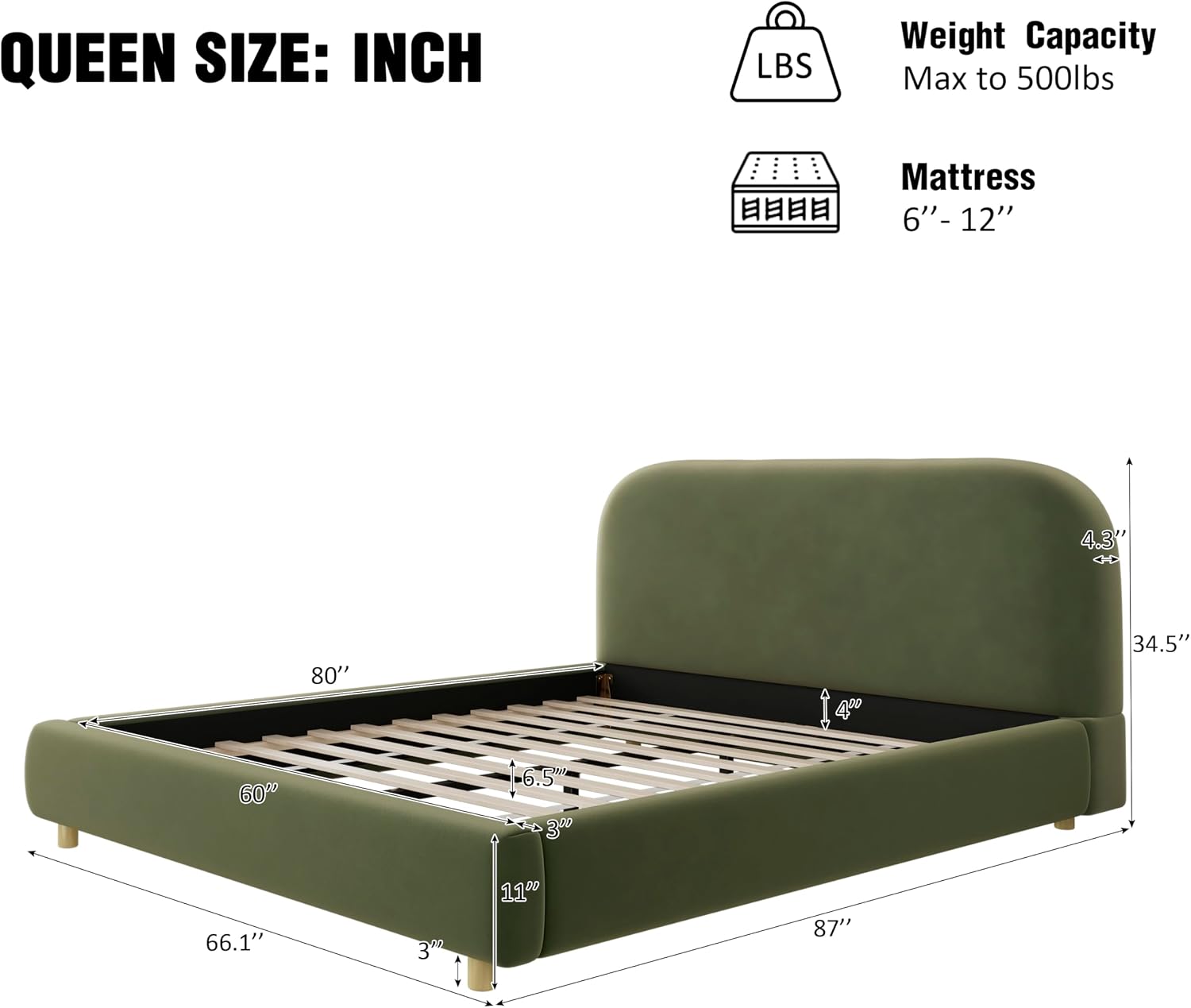 Merax Queen Size Velvet Fabric Upholstered Platform Bed with Curved Shaped Headboard, Wood Bed Frame with Solid Round Legs for Kids Teens Adults, Olive Green